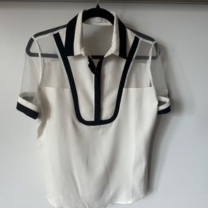 Anne Fontaine White/Black  Short Sleeve Mesh-Top Button Down Blouse sz 40